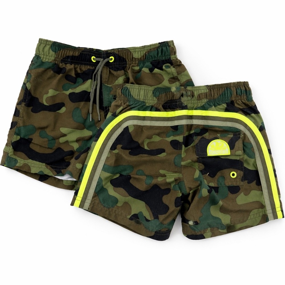 Sundek Boys Camo Board Shorts Neon Yellow Stripe Size 8 Slim EUC 11" Waist